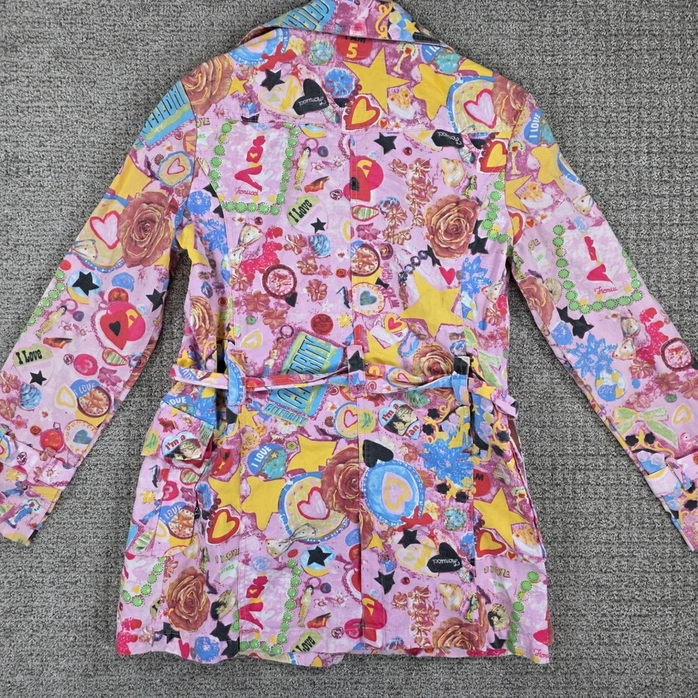 Fiorucci Women Pink Graphic Collage Print Belted Trench Coat Jacket Size L